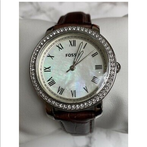 Emma Collection Mother of Pearl Dial face with brown leather band, Crystal Bezel - Picture 2 of 5